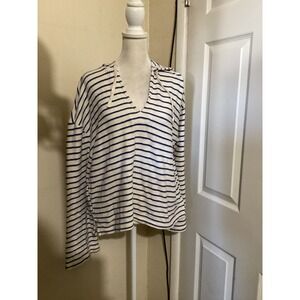 Marine Layer Womens Blue White Striped V-Neck Hoodie Sweatshirt Style 15280 L